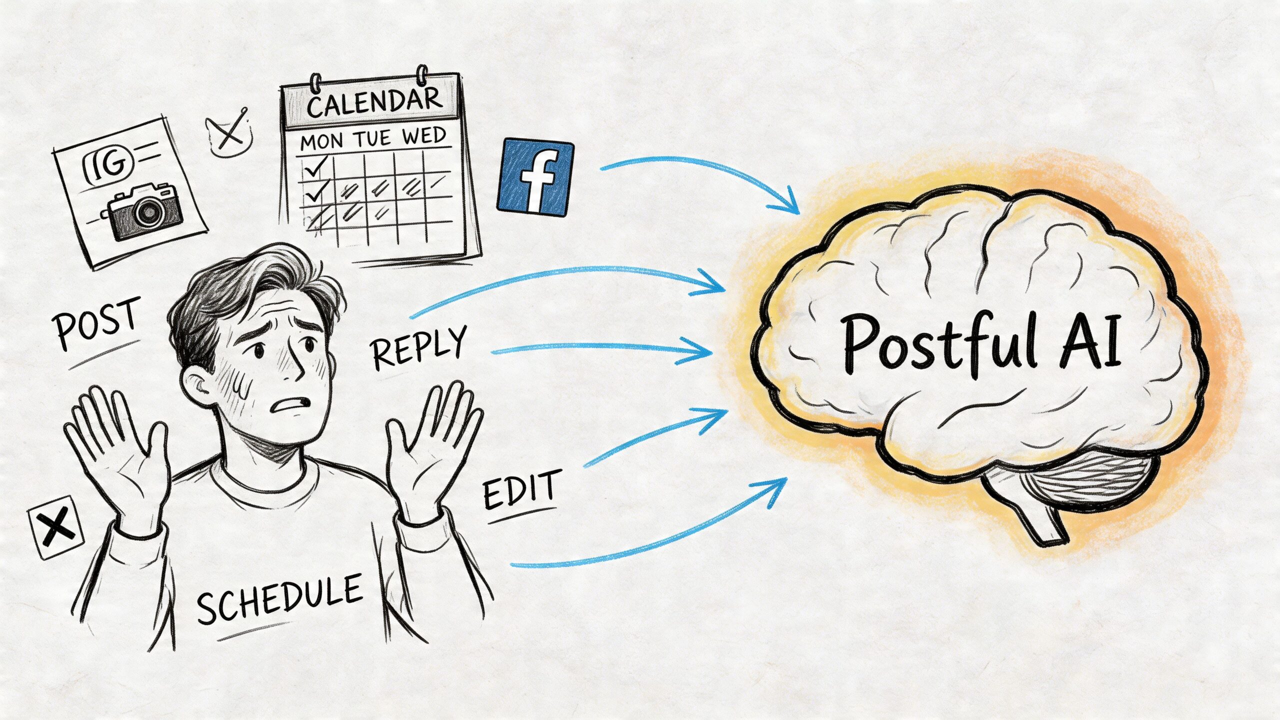 A hand-drawn illustration showing a stressed person managing social media tasks connected to an AI brain.
