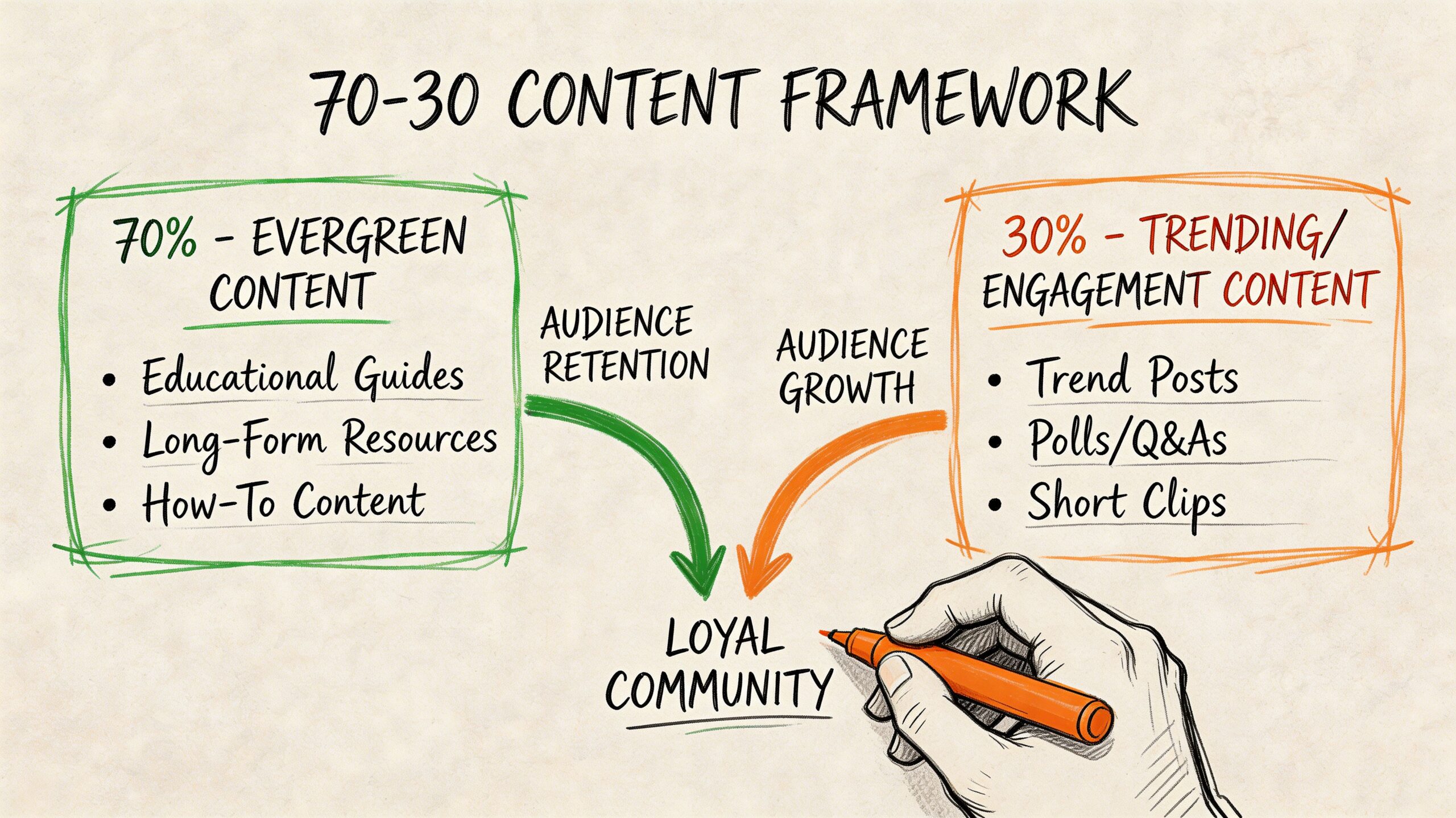 A diagram illustrating the 70-30 content framework for building a loyal community through evergreen and engagement strategies.