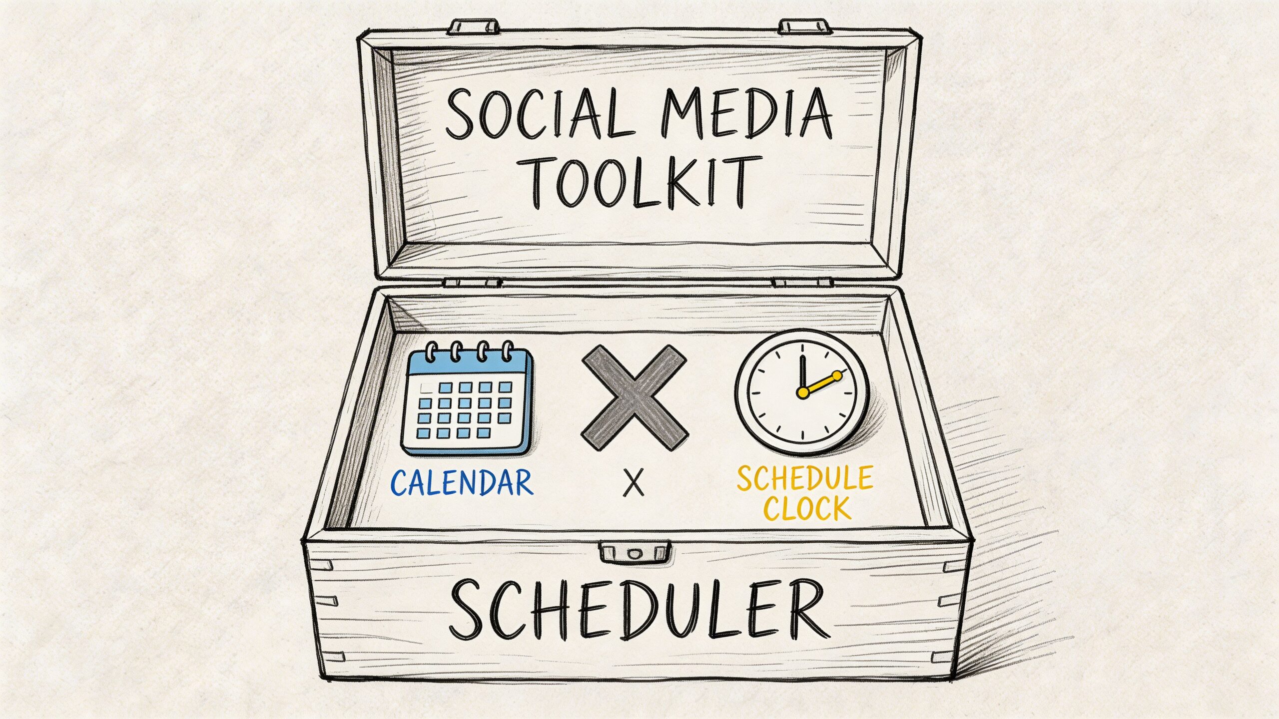 A hand-drawn illustration depicting a social media toolkit containing a calendar and a clock for scheduling.