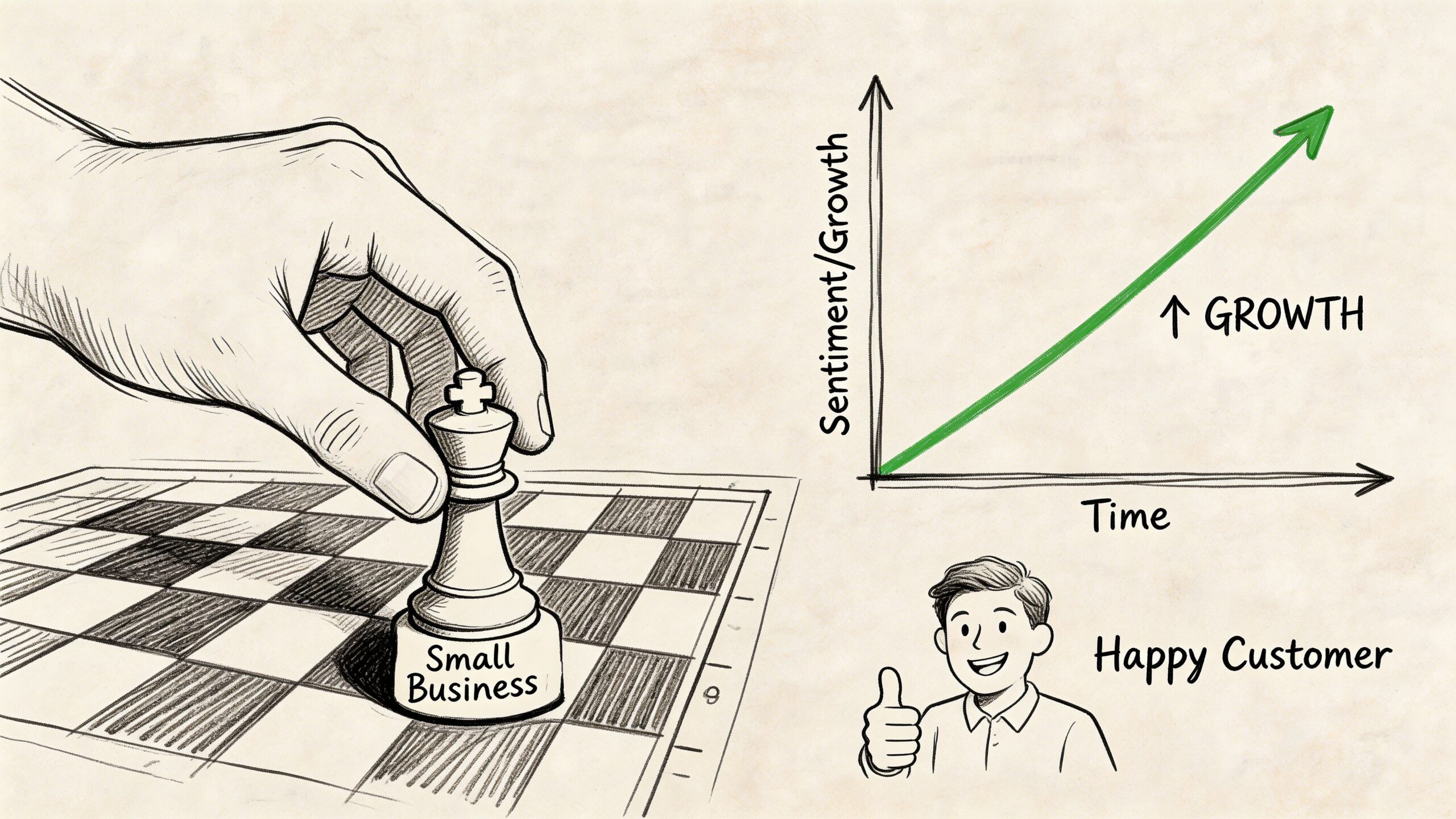 A hand placing a chess king labeled Small Business on a board next to a growth chart.