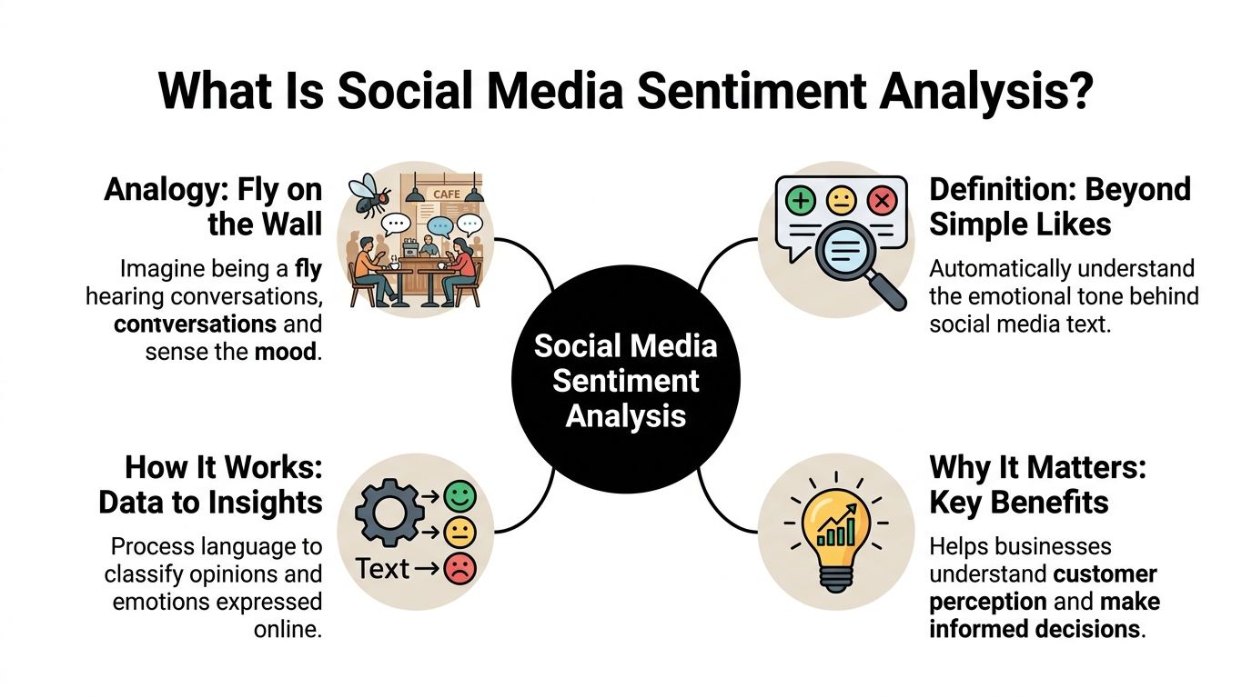An infographic explaining social media sentiment analysis with a fly on the wall analogy and business benefits.