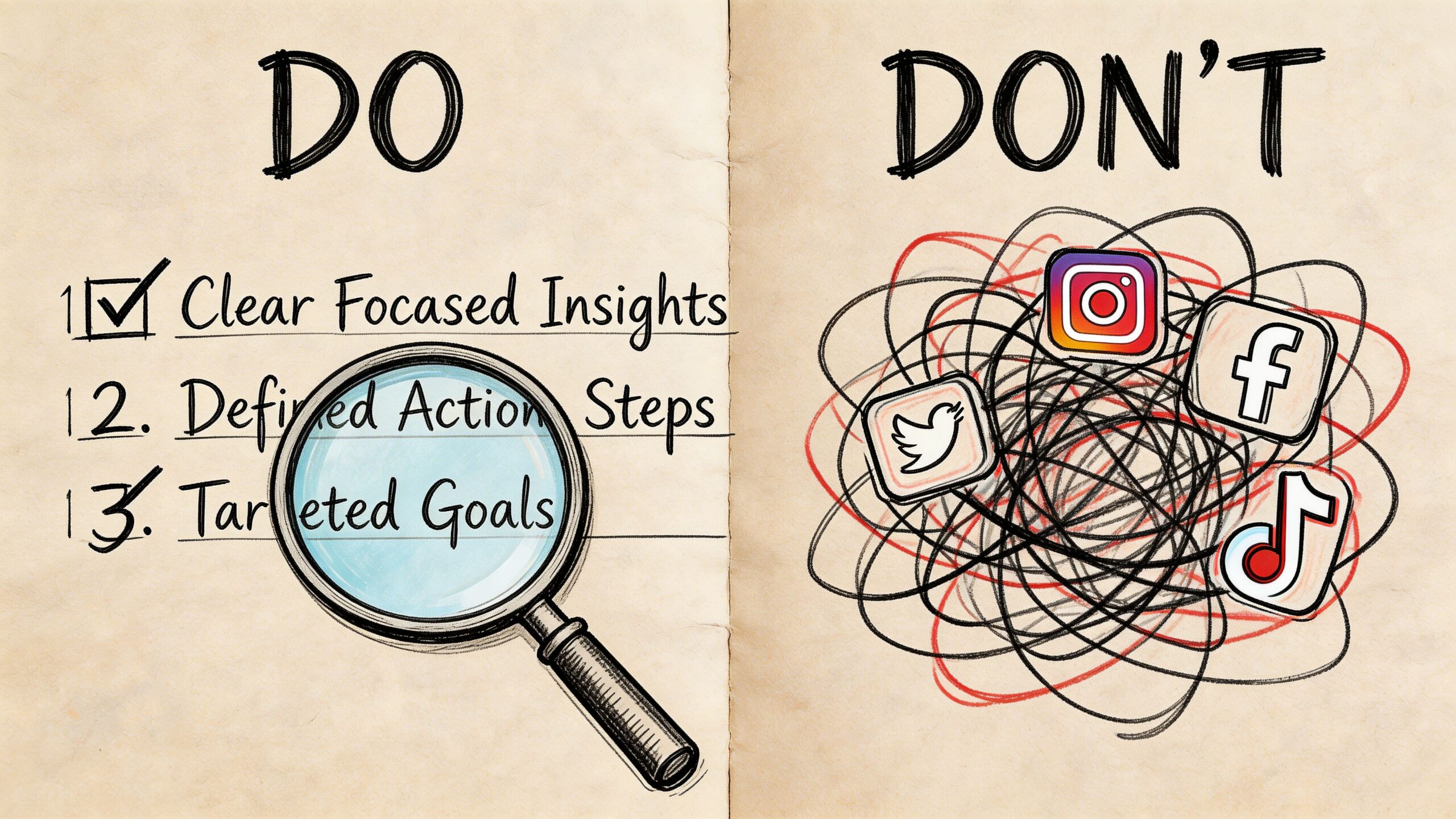 A conceptual comparison showing a focused checklist versus chaotic and cluttered social media platform icons.