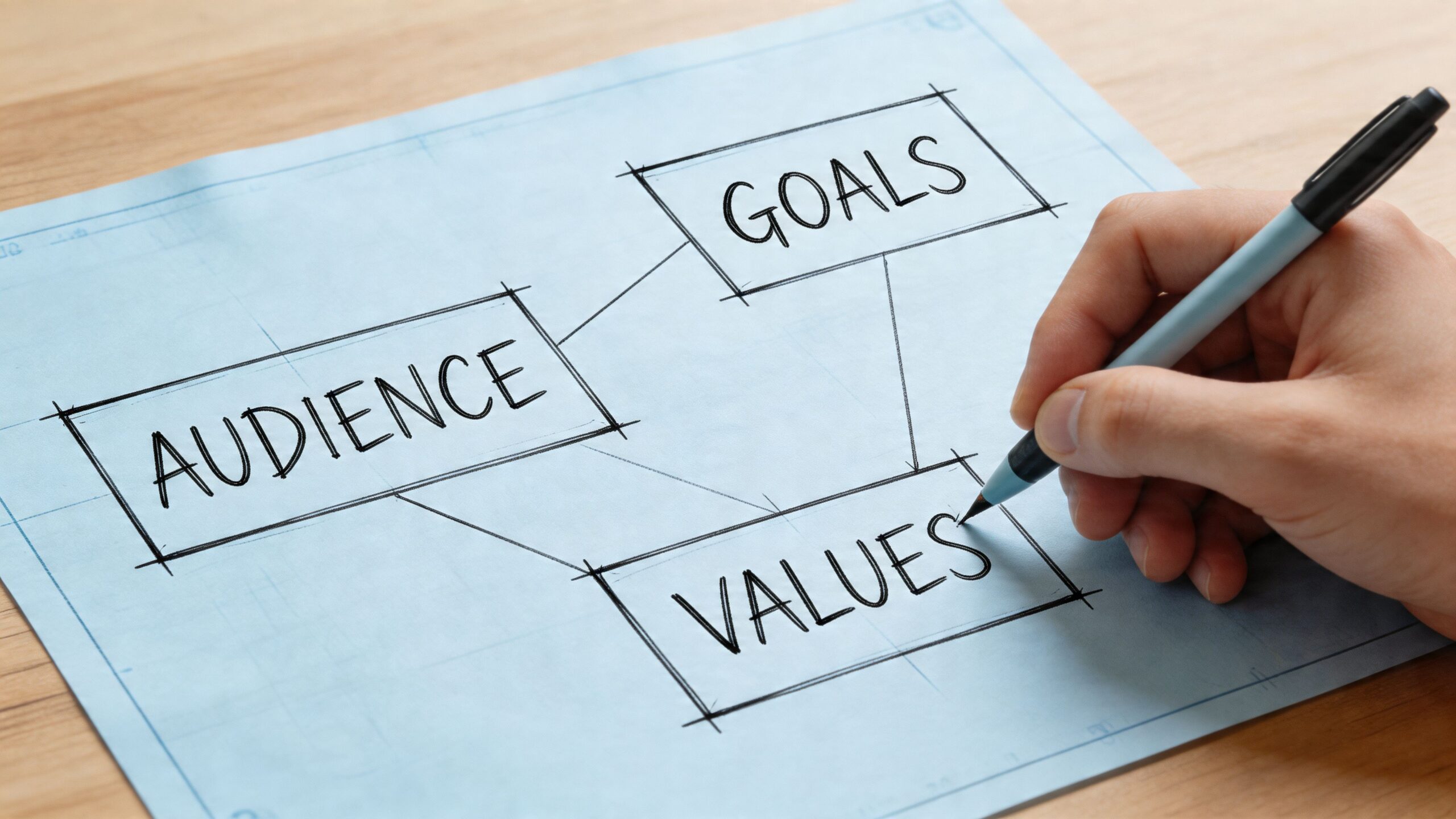 A hand drawing a flowchart on blue paper connecting the concepts of audience, goals, and values.