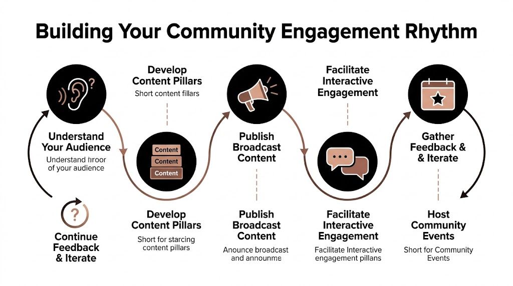A flowchart diagram illustrating the cyclical steps involved in building a social media community engagement strategy.