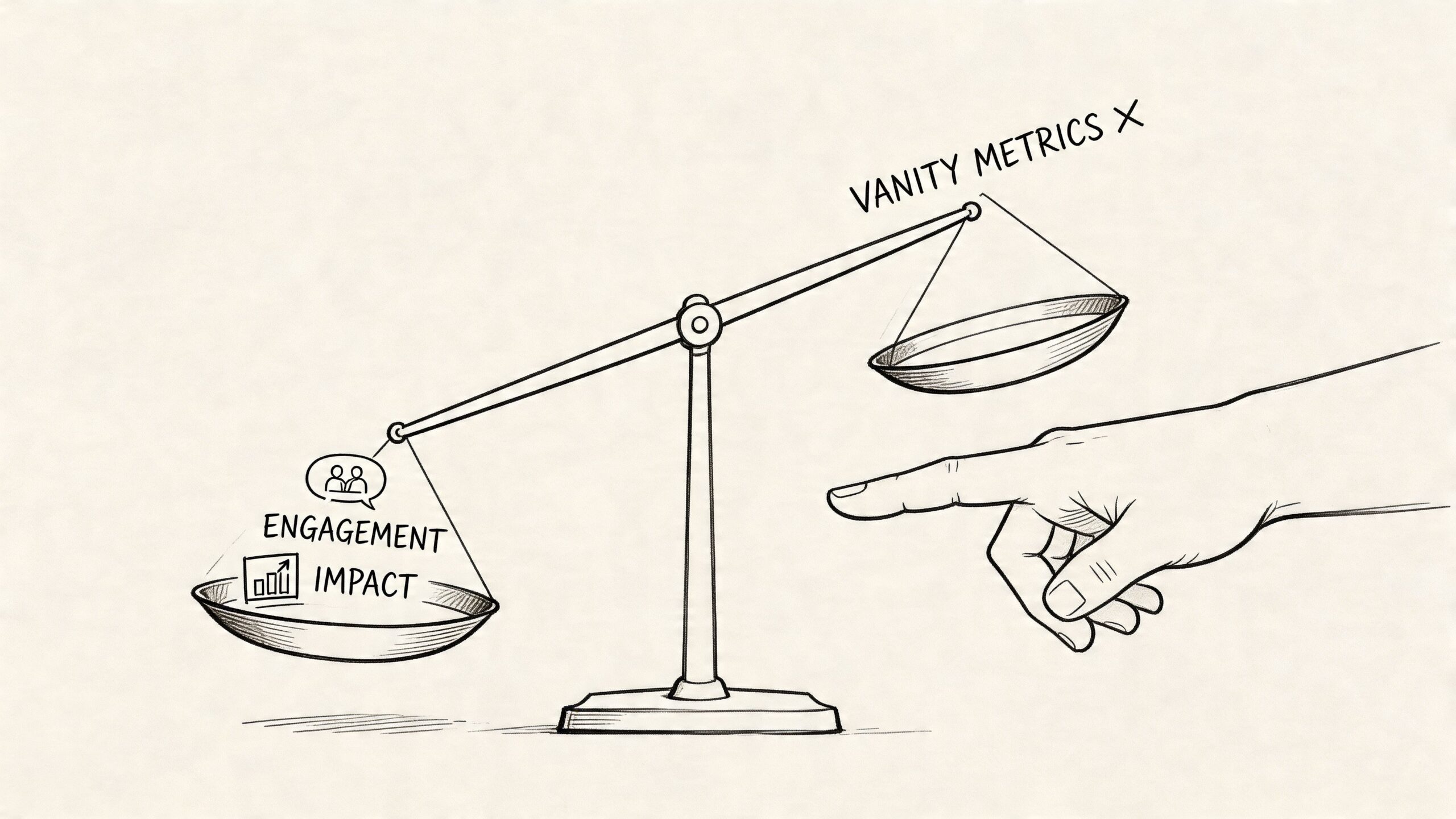 A line drawing of a scale showing engagement and impact weighing more than vanity metrics.