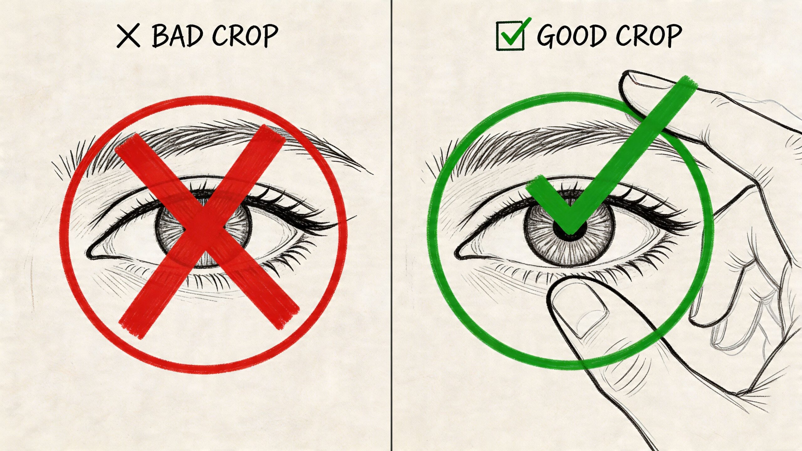 A diagram comparing bad and good image cropping for social media profile pictures using an eye.