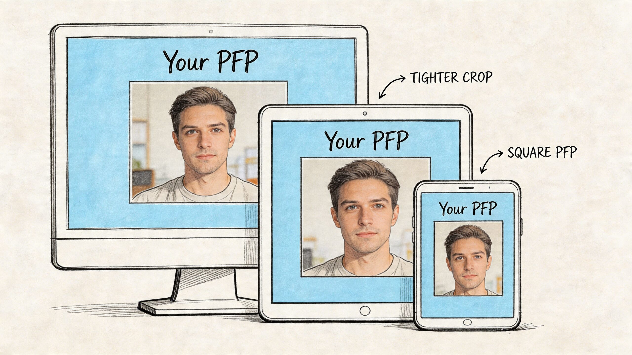 A digital illustration showing how a profile picture scales across desktop, tablet, and mobile device screens.