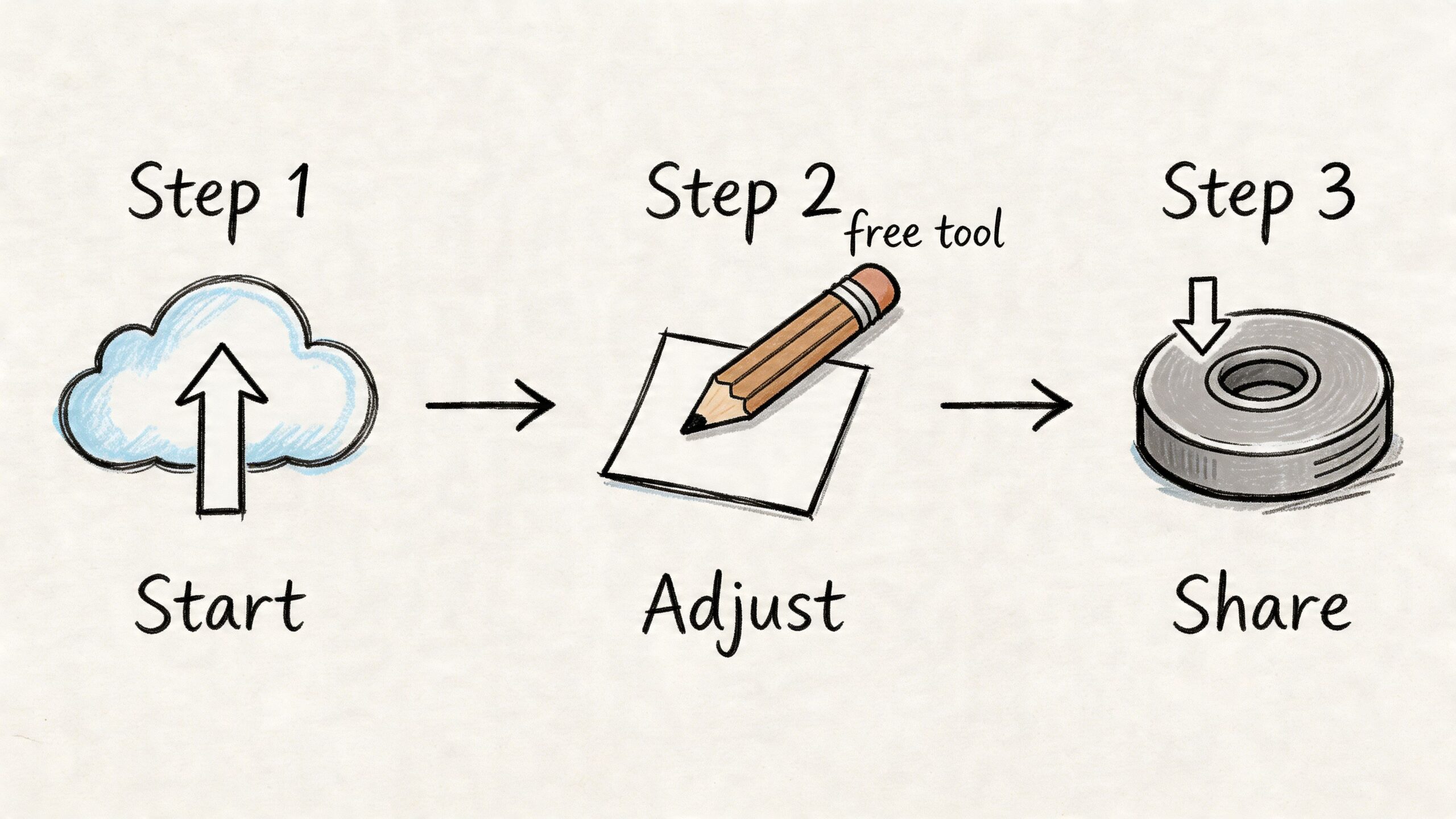 A simple three-step illustration showing cloud upload, manual adjustment with a pencil, and final sharing.