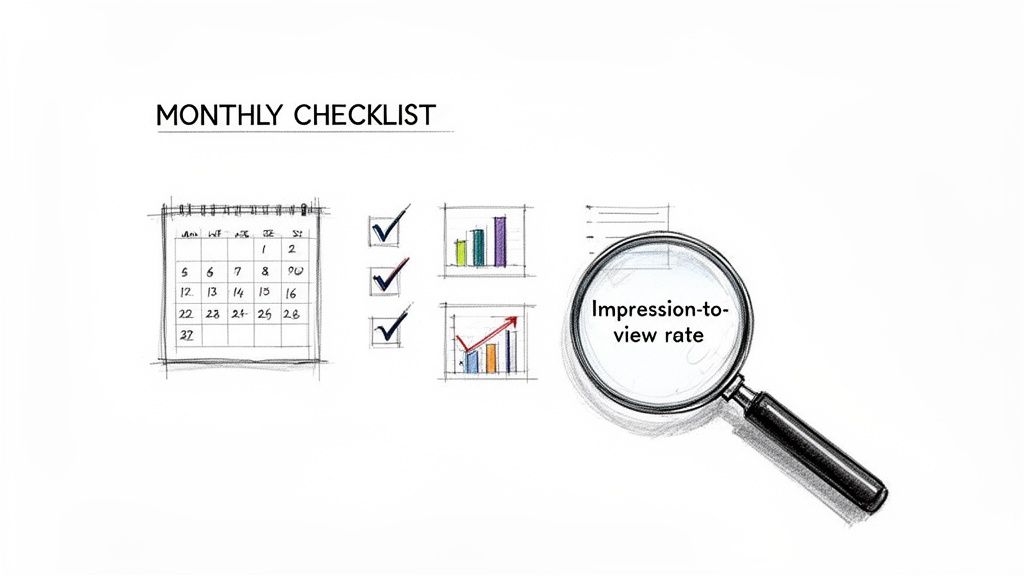 Hand-drawn monthly checklist with a calendar, bar charts, and a magnifying glass focusing on 'Impression-to-view rate'.