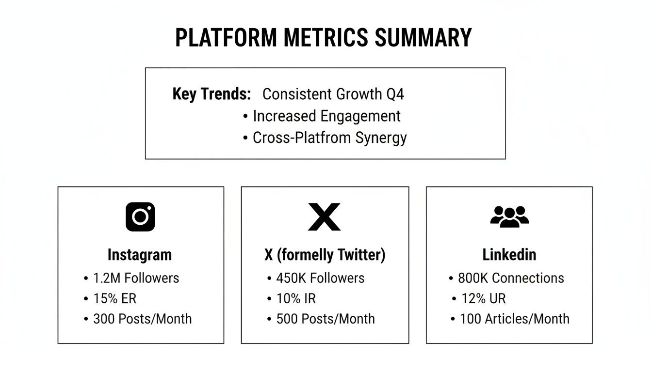 A summary of social media platform metrics and key trends for Instagram, X, and LinkedIn.