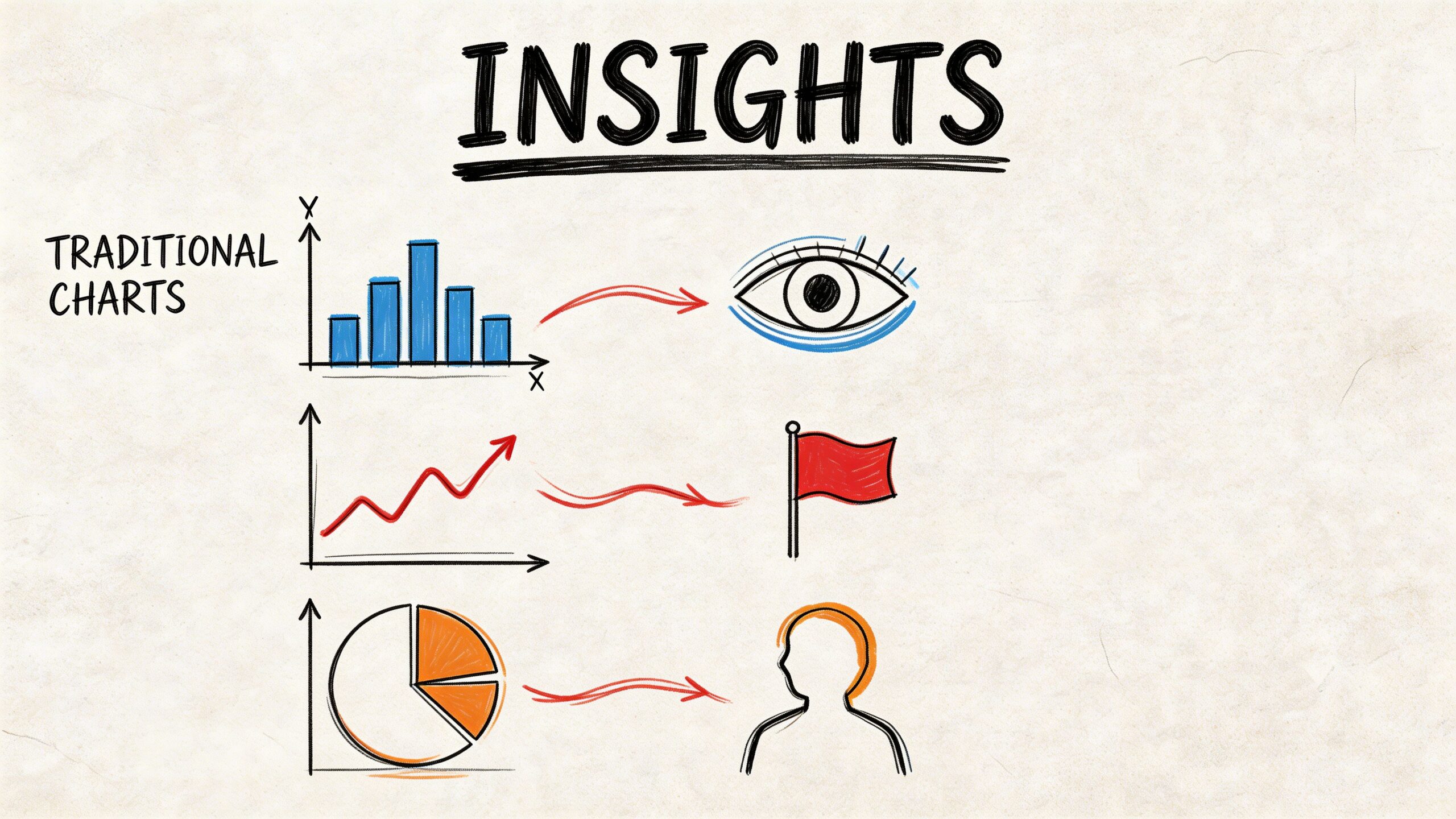 A conceptual infographic titled Insights depicting traditional charts connected to symbols like an eye, flag, and person.