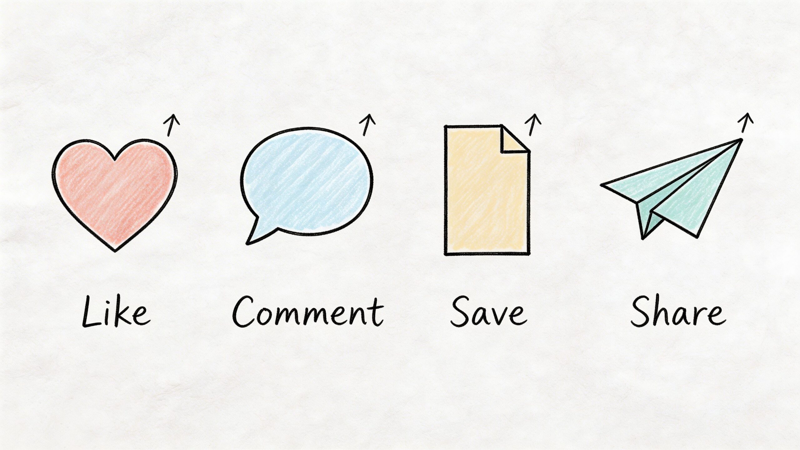 A hand-drawn illustration showing social media icons for Like, Comment, Save, and Share with upward arrows.