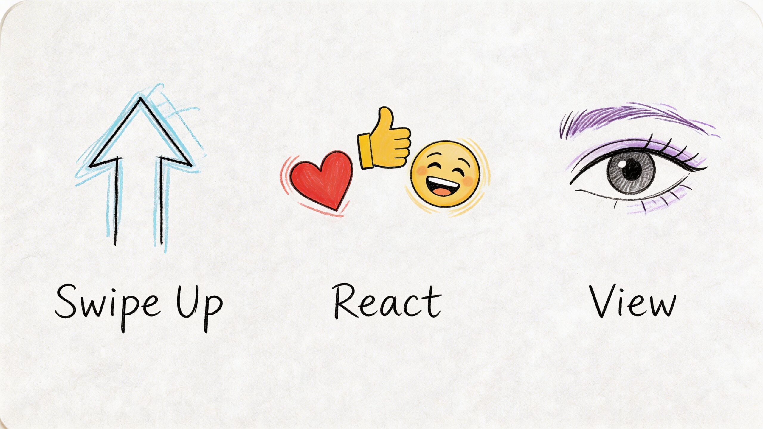 Three hand-drawn illustrations representing common social media actions: a swipe up arrow, emoji reactions, and an eye.