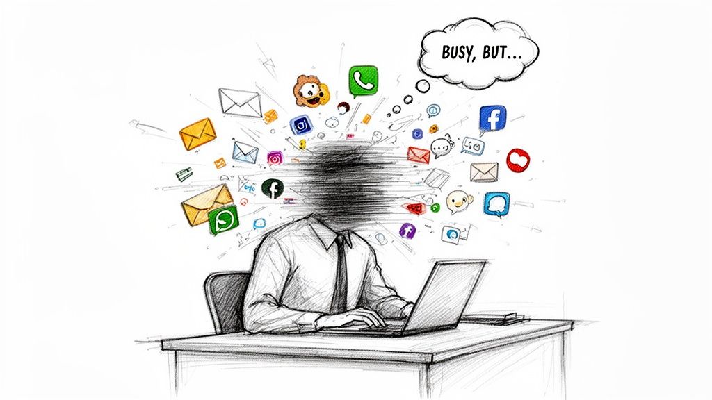 A pencil sketch of a busy professional with a blurred head surrounded by various social media icons.