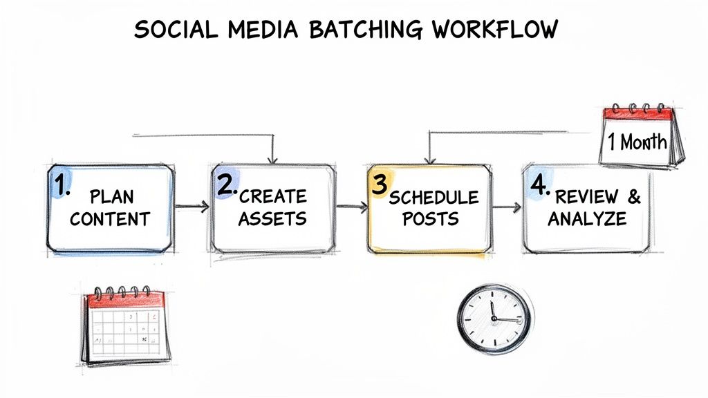 A hand-drawn flowchart illustrating a four-step social media batching workflow including planning, creation, scheduling, and analysis.